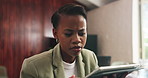 Investor, confused and black woman in office, tablet for stock market crash and website glitch. African person, tech and financial advisor in workplace, doubt and online error for trading platform