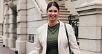 Face, business and woman with smile in city for travel, career pride and about us as lawyer. Portrait, female attorney and happy for morning commute, legal consultant and representative of court case