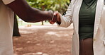 B2B, handshake, and park with business people meeting for agreement, partnership or thank you. Contract, deal and success with employee team shaking hands outdoor for collaboration or welcome