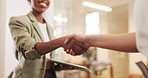 Tablet, handshake and business people with smile in office, partnership and agreement for closing deal. Cooperation, contract commitment and women shaking hands for b2b alliance, tech and opportunity
