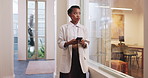 Business, thinking and black woman in office, smartphone for email or decision for article deadline. African person, solution or journalist in workplace, cellphone or planning for website publication