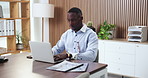 Laptop, typing and black man in office with research, documents and report for financial business. Person, browsing and email in workplace with computer, finance planning and proposal for company.