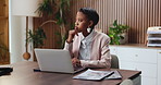 Businesswoman, thinking and laptop in office with research, documents or idea for financial investment. Black person, reflection and typing in workplace with computer, planning and email for funding.
