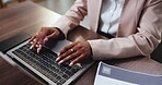 Laptop, planning and hands of business woman in office for account, budget and typing proposal. Market research, online report and review with employee in agency for revenue, profit and funding