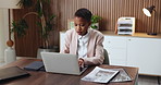 Creative, woman and typing in office with laptop, review project and research for digital marketing. Black person, reading and browsing in workplace with computer, proposal and advertising campaign.