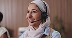 Talking, woman and agent in call center for telemarketing, smile or telesales for insurance. Communication, person and sales consultant with headset for policy premium, lead generation and coworking