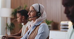 Talking, woman and consultant in call center for telemarketing, smile or telesales for insurance. Communication, person and sales agent with headset for policy premium, lead generation and coworking