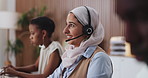 Headset, smile and thinking with woman in call center for assistance, help or online support. Customer service, laptop and solution with happy employee in agency office for contact or feedback