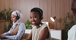 Face, happy woman and consultant in call center, customer service or contact us with laptop. Portrait, person and agent with headset for support, assistance and coworking with computer in office