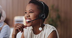 Help desk, woman and consultant in call center for customer service, smile or language translation. Communication, person and agent with headset for advice, multilingual support and coworking