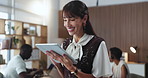 Business woman, tablet and smile in office for planning, project management and meeting notes. Startup, creative and mature person on digital tech for online proposal, website review and feedback