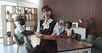 Business woman, face and arms crossed in office for confidence, project management and team meeting. Startup, creative and mature person with opportunity for proposal, collaboration and feedback