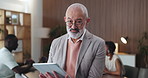 Businessman, tablet and face in office for team, project management and meeting notes. Startup, creative and mature person on digital tech for online proposal, website review and agenda feedback