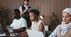 Business, woman and headset with laptop at call center for consultation, training and customer service. Team, supervision and talking with tech, coaching advice and discussion for technical support