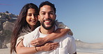 Beach, face and couple with smile, hug and bonding on summer holiday, love and romance with partner. Outdoor, man and embrace with woman on vacation, happiness and commitment for relationship at sea