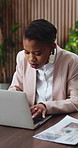 Woman, thinking and typing in office with laptop, problem solving and planning project for marketing. Confused, black person and reading in workplace with computer, advertising strategy and research.