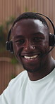 Face, black man and happy with headset in call centre for career pride, about us and telecom. Portrait, male person and advisor with mic for customer service, technical support and crm representative