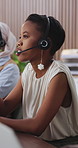 Call center, contact and black woman with headset in office for crm, customer service or helpdesk. Communication, female person or African consultant with mic for technical support, talking or advice