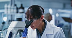 Glasses, microscope and science with woman in laboratory for development or investigation. Analysis, medical sample and research with mature scientist at work on clinical trial or experiment