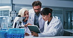 Research, science and people in workplace, tablet for test results and discussion for medical cure. Scientist, man or women in lab, tech or cooperation for digital solution, clinical trial or talking