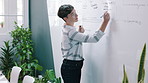 Creative agency, presentation and woman in office, whiteboard for proposal and talking. Media publication, speaker and person in workshop for column deadline, discussion and feedback for project