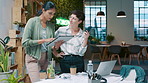 Creative, people and talk in office with tablet, collaboration and research for interior design project. Women, conversation and plan in workplace with tech, teamwork and idea for renovation agency.
