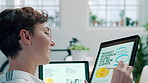 Creative, woman or happy with pen on tablet screen for market research, industry trends or planning. Marketing manager, smile and tech stylus in office for competitor analysis, campaign review or SEO