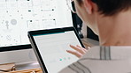 Market research, back and woman with tablet screen, scroll and review for proposal. Social media campaign, person and professional in office, internet and tech for company newsletter and network