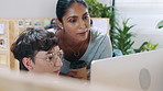 Team, computer and business women with help for graphic design, brand discussion and music. Idea, designer or creative people with tech in office for visual layout of logo, feedback or headphones