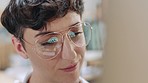 Computer, creative and business woman in office for game design, geometric shape and reflection. Tech, designer and person in startup for graphics project, 3d development and animation software