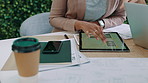 People, hands and meeting in office with tablet, web design idea and research for creative project. Digital designer, team and collaboration in agency with tech, planning and review for online site.