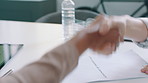 Business people, handshake and documents in office, agreement of property sale and negotiation. Shaking hands, client or consultant in meeting, paperwork for contract or deal for real estate purchase