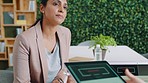Creative, woman and talking with tablet screen in office, scroll and planning for pr campaign on web. Online, pitch and hands with tech for brand awareness, people and collaboration with publicist