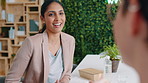 Creative, people and conversation in office with laugh, funny idea and trend for marketing project. Happy, women and discussion in workplace with planning, collaboration and joke for advertising.