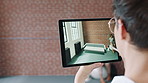 Tablet screen, game and person with design for home with creative career for AI living room renovation. Digital technology, app and interior designer with internet simulation of lounge for house.