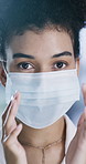 Face mask, business person and PPE in office for health, safety and covid compliance. Woman, regulations and protection in workplace with virus, prevention and rules for wellness and staff hygiene