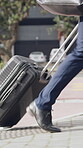 Legs, walk or businessman in town with suitcase, travel journey or attendance of corporate seminar. Trip, stroll or employee in city with baggage, office commute or flight for conference event.
