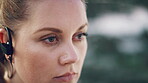 Breathing, earphones and exercise with woman on beach for recovery or rest from training fatigue, Fitness, thinking and tired with exhausted person outdoor for health, cardio workout or wellness