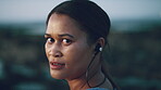 Face, fitness and music with woman on beach for recovery or rest from training fatigue, Earphones, exercise and exhausted with runner person outdoor at coast for health, cardio workout or wellness