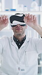 Vr, science and vision with man in laboratory for medical research, dna hologram and biotechnology. Augmented reality, healthcare and 3d molecule with person in clinic for virtual experience