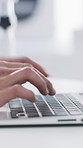 Office, typing and hands of person on laptop with feedback, website review and social media. Creative agency, speed time lapse and closeup of worker for networking, planning and online research