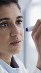 Woman, planning or writing with scientist on glass board for problem solving or solution in lab. Female person, doctor or employee taking notes with idea for schedule, brainstorming or clinic trial