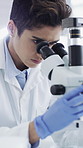 Science, laboratory and woman with microscope for study, medical research and chemistry. Healthcare, biotechnology and scientist with solution sample for pathology, experiment or forensic data