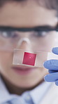 Blood, sample or hands with science in lab, medical research or genetic mapping for pathology marker. Study, woman or scientist with dna investigation for disease analysis, plasma chemistry or trial