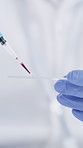 Blood, sample or hands with dropper in lab, medical research or genetic mapping for pathology marker. Pipette, science or woman with dna investigation for disease analysis, plasma chemistry or study