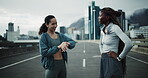 Runner, talking and smart watch with women in city for workout partner, health and training stats. Running team , wellness and exercise tracking with friends outdoor for fitness, athlete and support