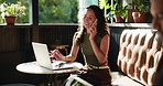 Happy, woman and phone call with laptop at cafe for discussion, planning and contact editor. Smile, female person and freelancer with mobile for conversation, interview source and story publication