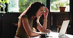 Headache, laptop and remote work with woman in coffee shop planning, problem solving or research. Computer, stress and thinking with unhappy freelance employee in cafe or restaurant for frustration
