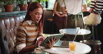 Copywriting, tablet and woman in cafe, typing and email for online submission, internet and creativity. Customer, journalist and person in restaurant, freelancer and tech for news report and research