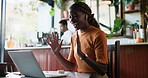 Laptop, remote work and video call with woman in coffee shop for online feedback, planning or review. Computer, earphones and virtual meeting with freelancer in cafe or restaurant for discussion